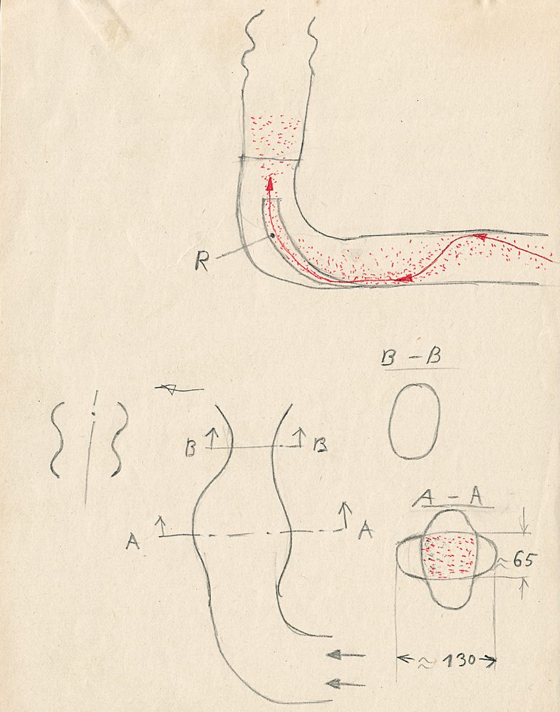 Handskizze (1) von 1965: die Wellung im Förderrohr und das radiale Leitblech.