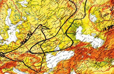 Die Fahrtroute 1966 nach Moskau und die anschließende Vorführreise durch die Balkanländer.